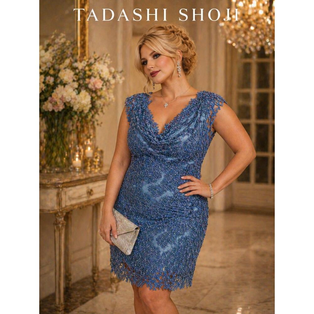 Tadashi Shoji Petite Blue Lace Sheath Dress 14P Elegant Cocktail Wedding Guest